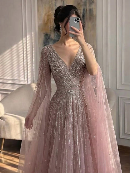 Nude Beaded A-Line Luxury Evening Dress with Cape Sleeves LA73742