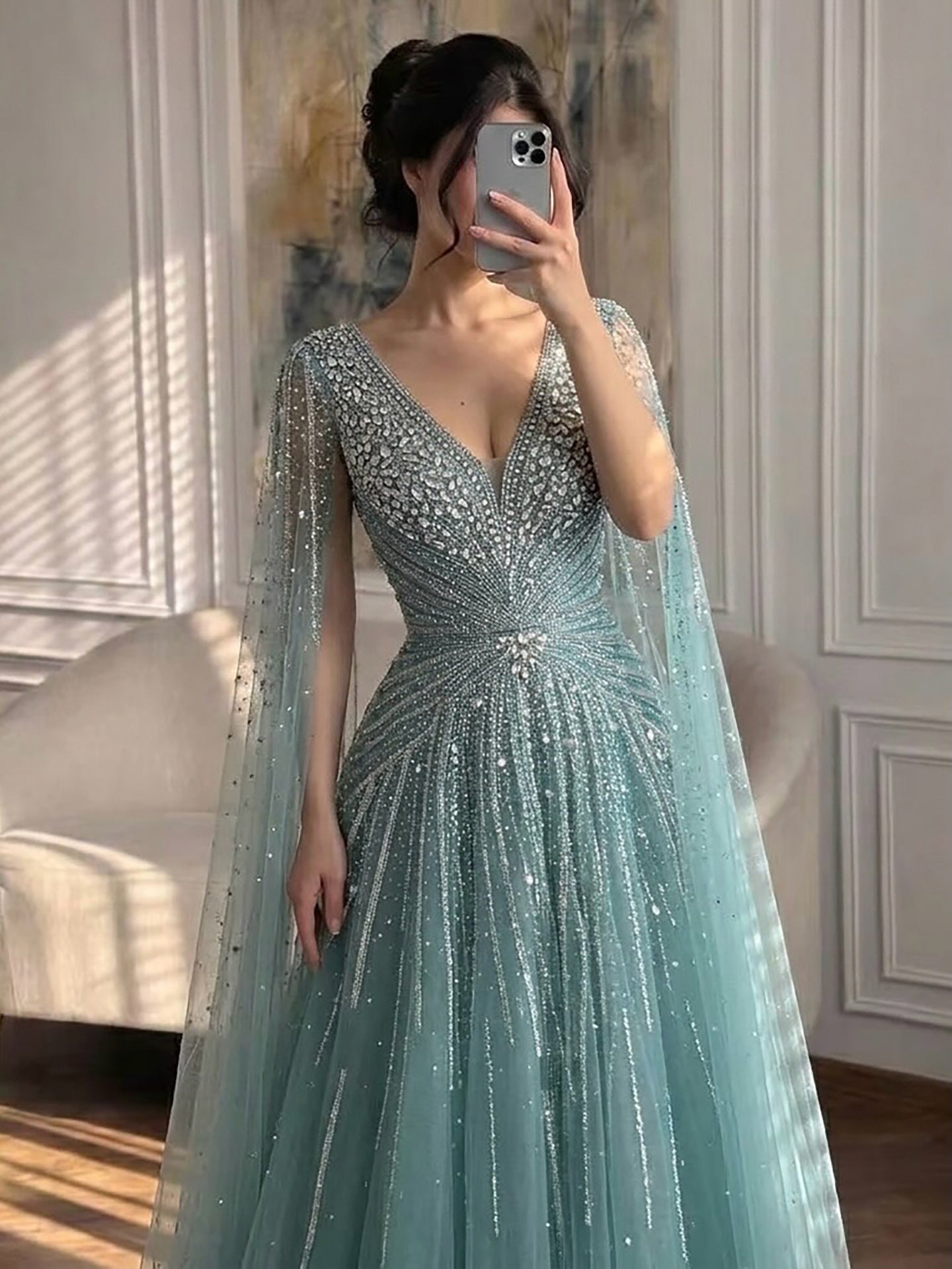 Nude Beaded A-Line Luxury Evening Dress with Cape Sleeves LA73742