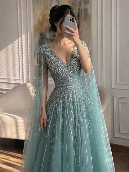 Nude Beaded A-Line Luxury Evening Dress with Cape Sleeves LA73742