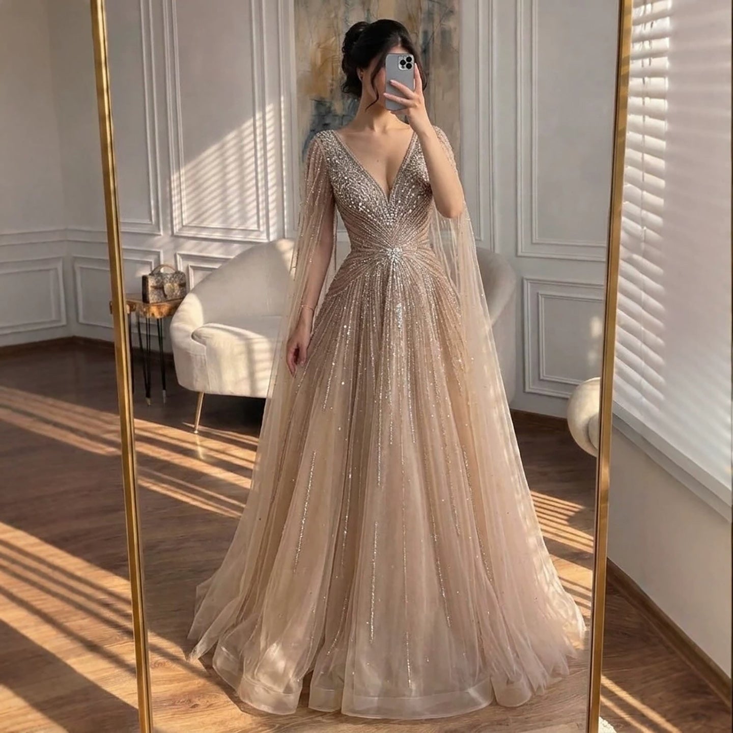 Nude Beaded A-Line Luxury Evening Dress with Cape Sleeves LA73742
