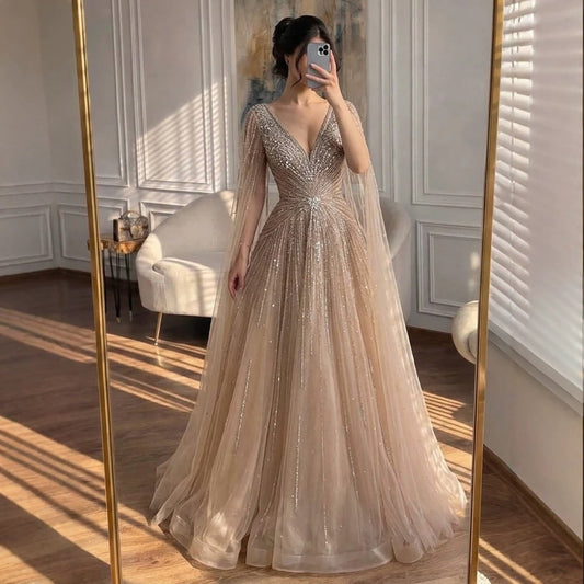 Nude Beaded A-Line Luxury Evening Dress with Cape Sleeves LA73742