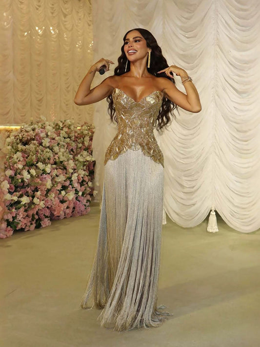 Luxury Gold Scallop Beaded Tassel Strapless Evening Dress LA73748