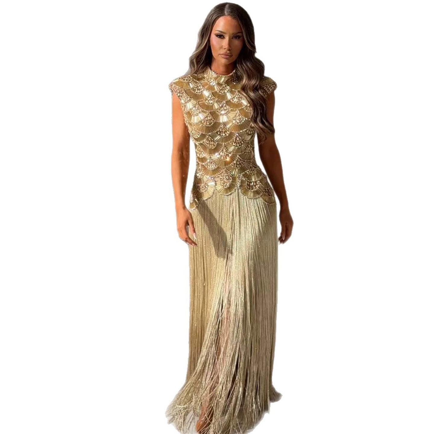 Luxury Gold Heavy Beaded High Neck Tassel Evening Dress LA73748A