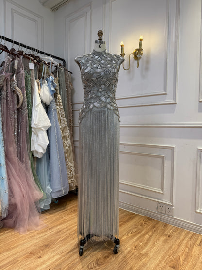 Luxury Gold Heavy Beaded High Neck Tassel Evening Dress LA73748A