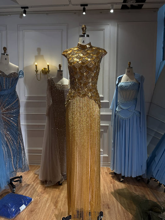 Luxury Gold Heavy Beaded High Neck Tassel Evening Dress LA73748A