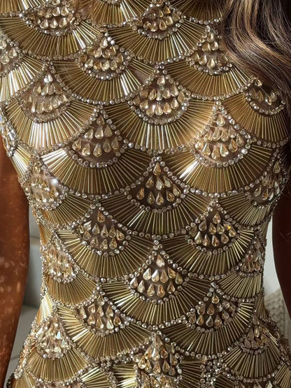 Luxury Gold Heavy Beaded High Neck Tassel Evening Dress LA73748A