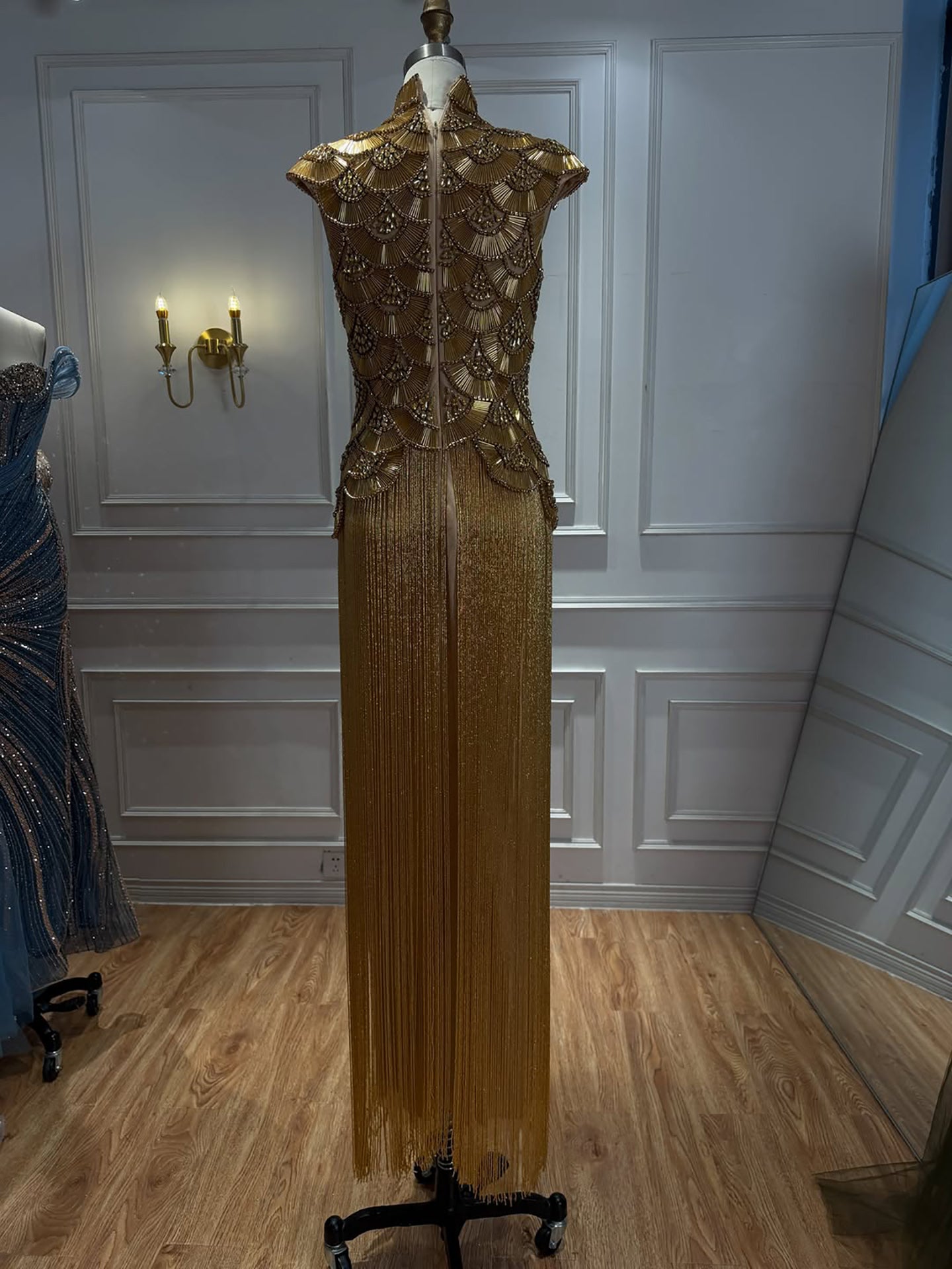 Luxury Gold Heavy Beaded High Neck Tassel Evening Dress LA73748A