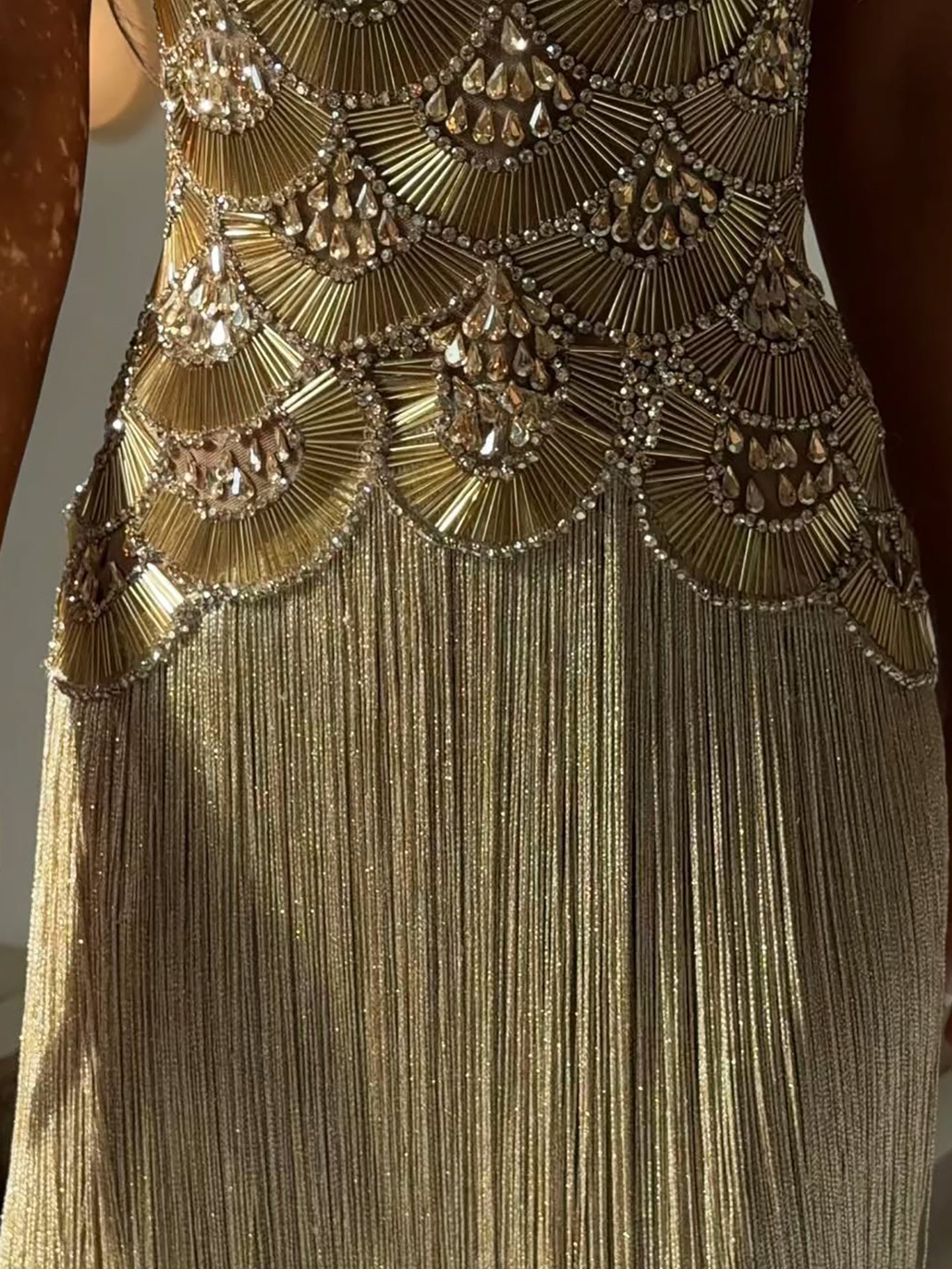 Luxury Gold Heavy Beaded High Neck Tassel Evening Dress LA73748A