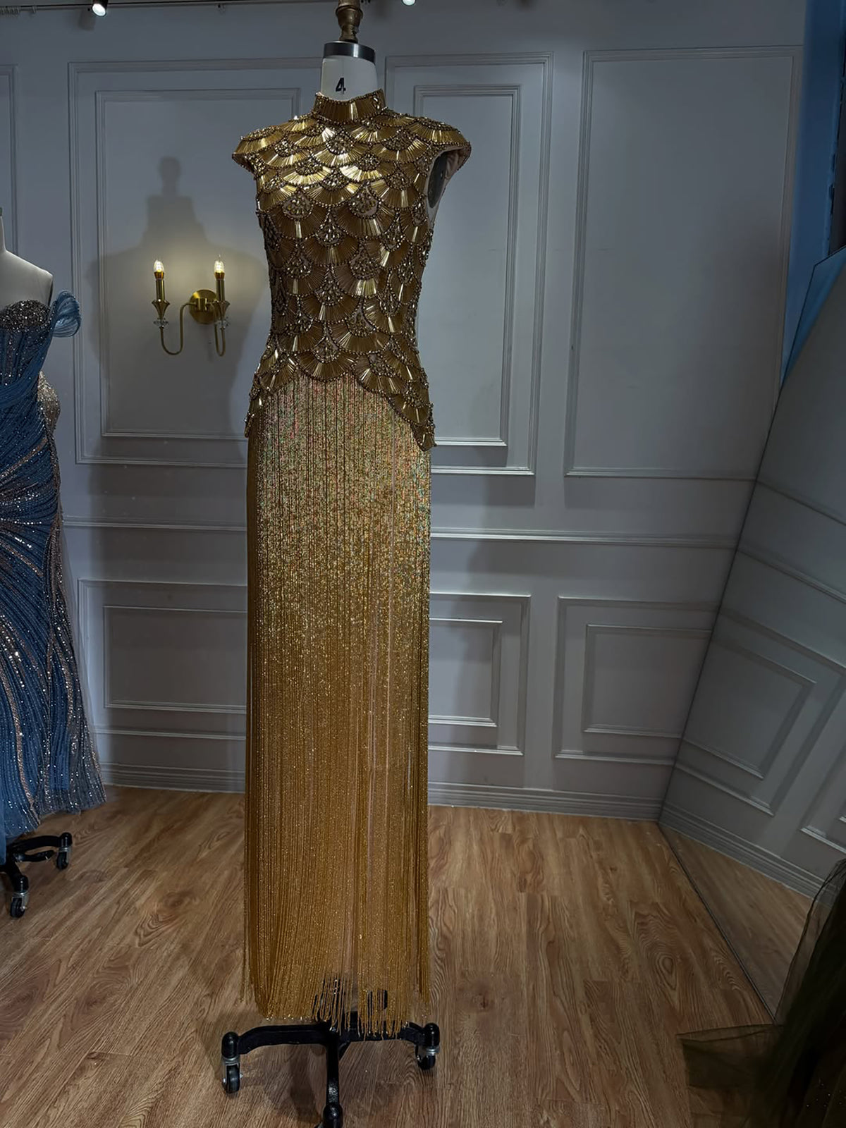 Luxury Gold Heavy Beaded High Neck Tassel Evening Dress LA73748A