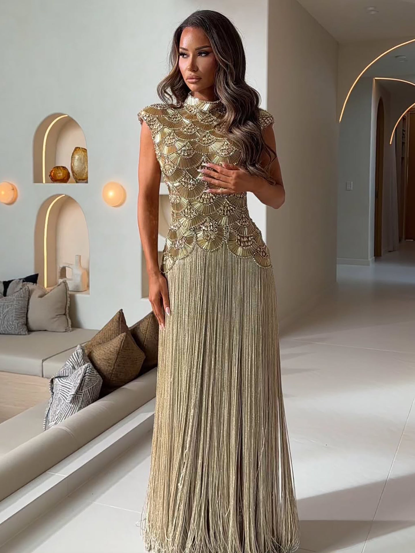 Luxury Gold Heavy Beaded High Neck Tassel Evening Dress LA73748A