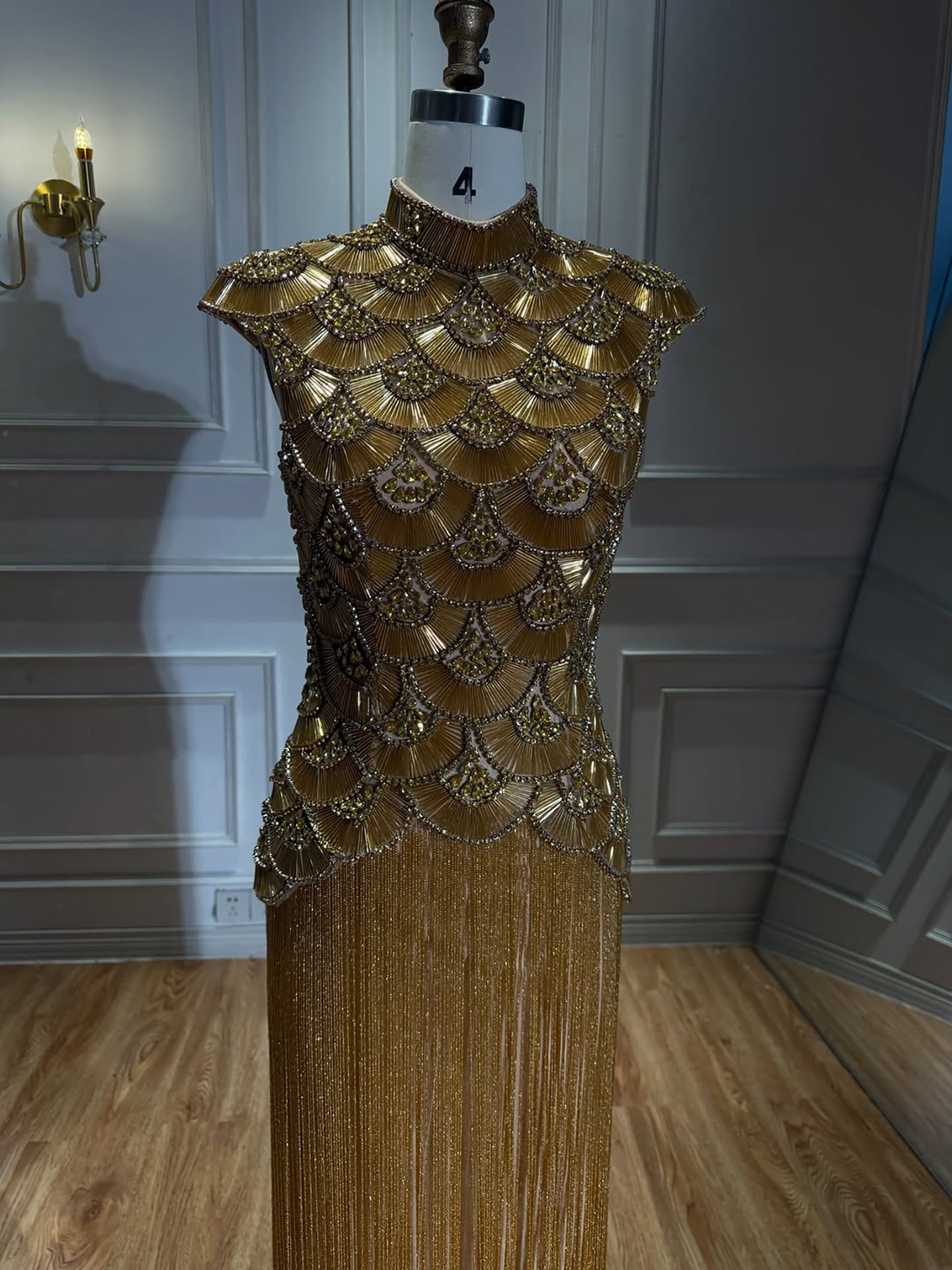 Luxury Gold Heavy Beaded High Neck Tassel Evening Dress LA73748A
