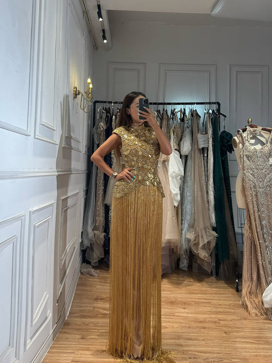 Luxury Gold Heavy Beaded High Neck Tassel Evening Dress LA73748A