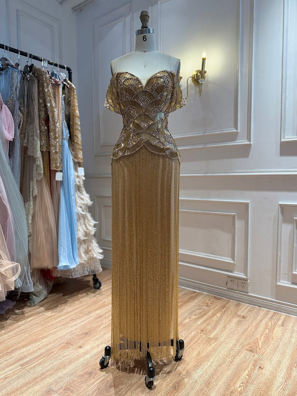 Gold Off Shoulder Sweetheart Beaded Evening Dress with Fringe LA73748C