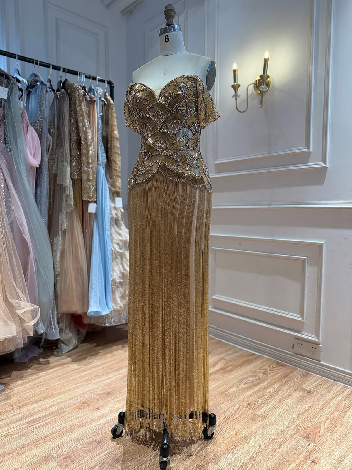 Gold Off Shoulder Sweetheart Beaded Evening Dress with Fringe LA73748C