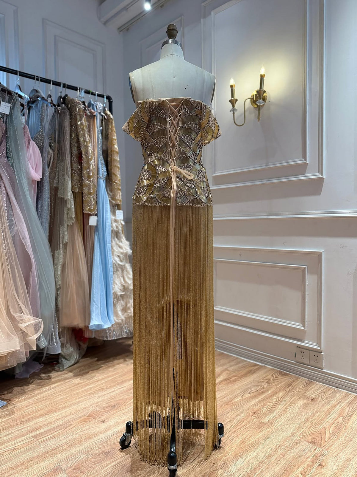 Gold Off Shoulder Sweetheart Beaded Evening Dress with Fringe LA73748C