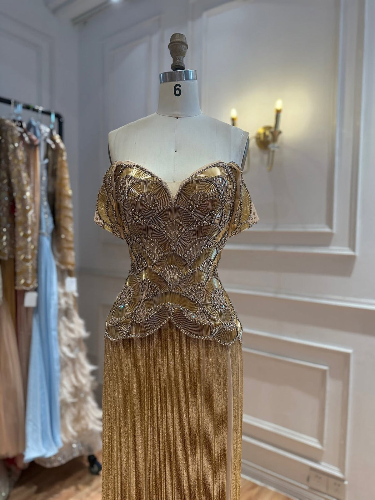 Gold Off Shoulder Sweetheart Beaded Evening Dress with Fringe LA73748C