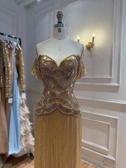 Gold Off Shoulder Sweetheart Beaded Evening Dress with Fringe LA73748C