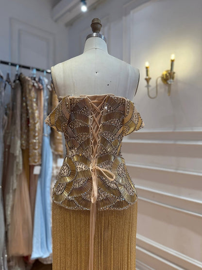 Gold Off Shoulder Sweetheart Beaded Evening Dress with Fringe LA73748C