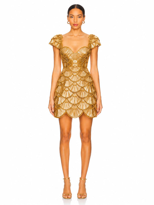 Luxury Gold Sweetheart Scalloped Crystal Beaded Mini After Party Dress LA73748E