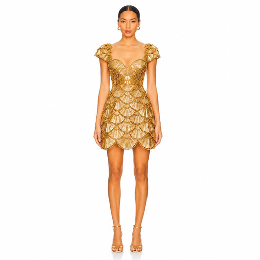 Luxury Gold Sweetheart Scalloped Crystal Beaded Mini After Party Dress LA73748E