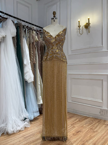 Gold Scallop Shape Beaded Fringe Strapless Evening Dress for Gala Formal Party LA73748