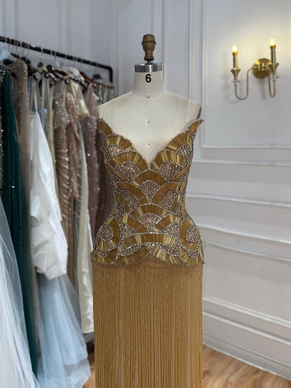 Gold Scallop Shape Beaded Fringe Strapless Evening Dress for Gala Formal Party LA73748