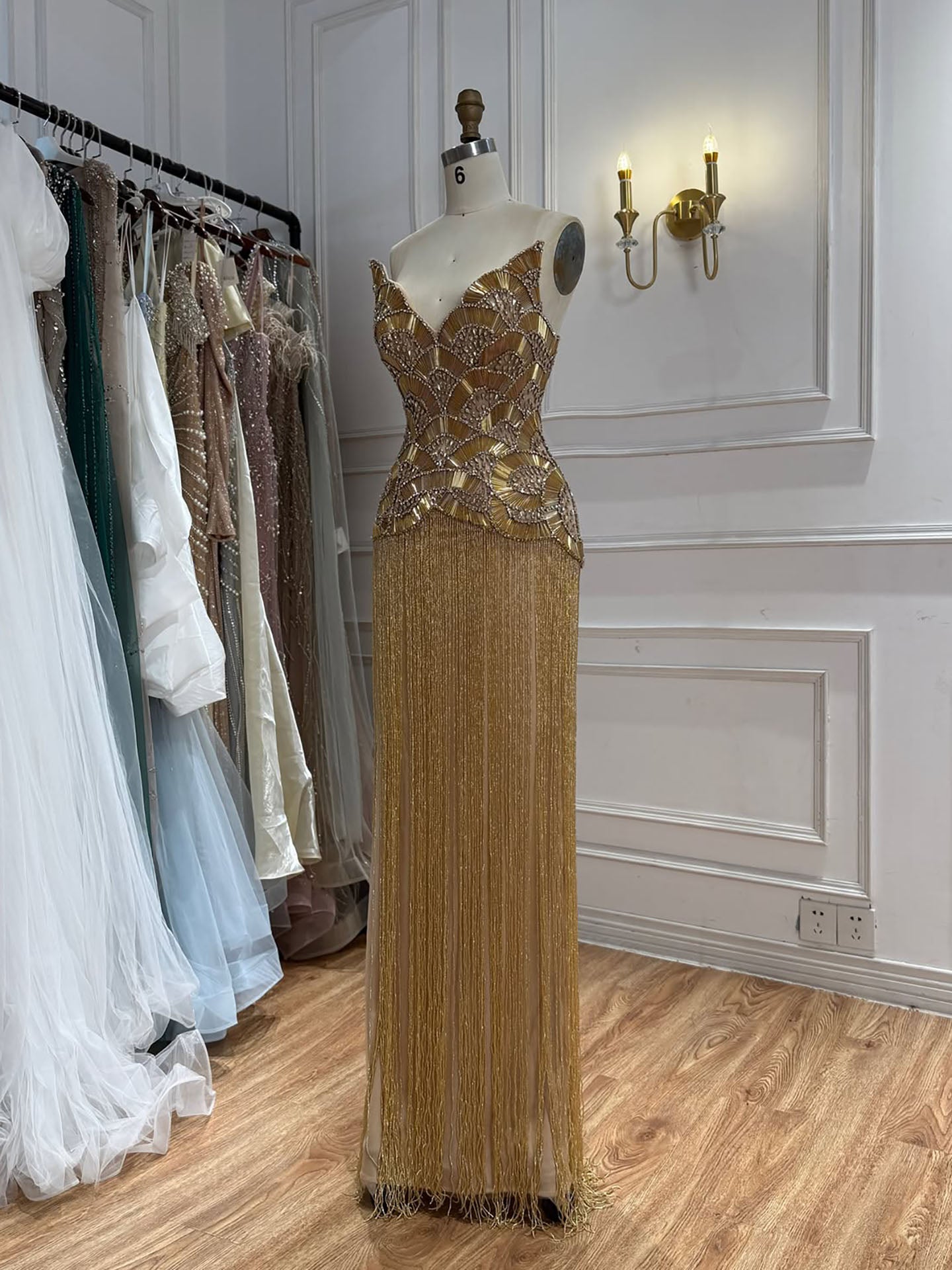 Gold Scallop Shape Beaded Fringe Strapless Evening Dress for Gala Formal Party LA73748