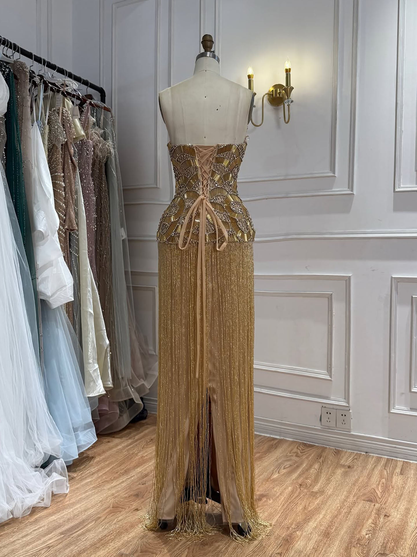 Gold Scallop Shape Beaded Fringe Strapless Evening Dress for Gala Formal Party LA73748