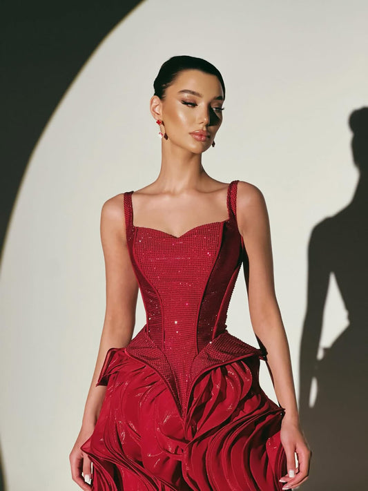 Wine Red Beaded Sparkly Bodice Evening Dress with Ruffled Petal Skirt LA73750