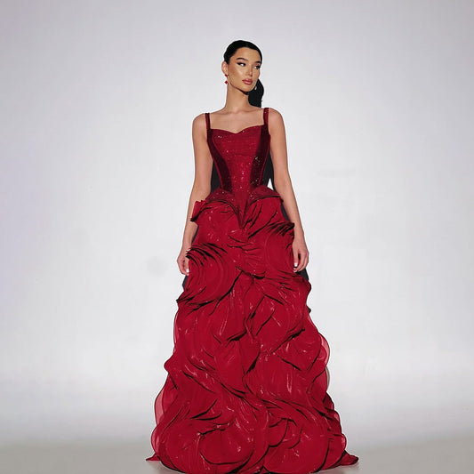 Wine Red Beaded Sparkly Bodice Evening Dress with Ruffled Petal Skirt LA73750