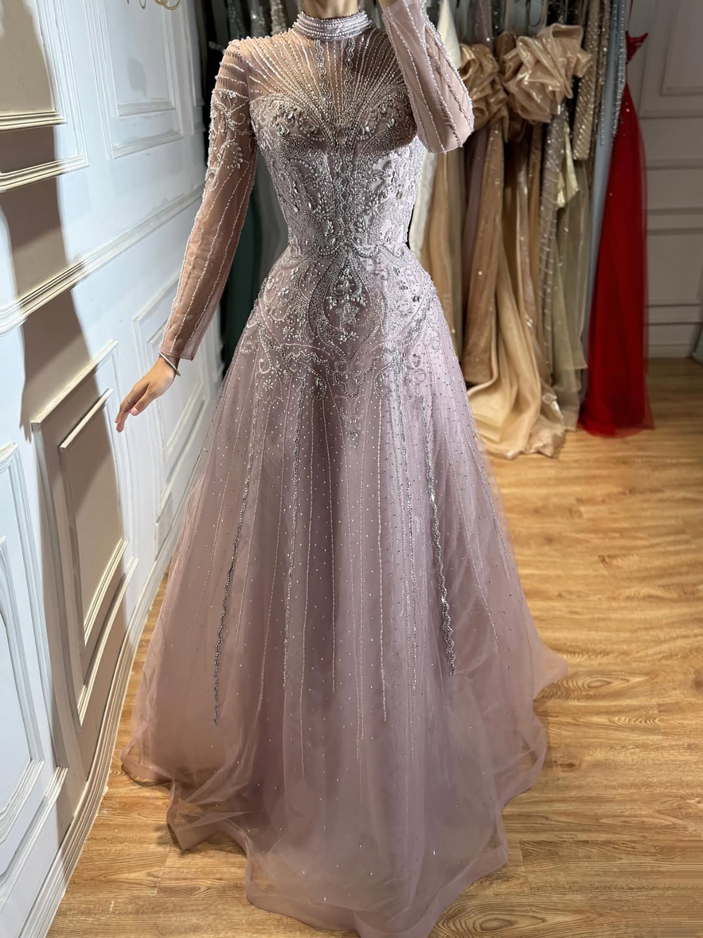 Modest Turquoise Crystal Beaded Evening Dress LA73752