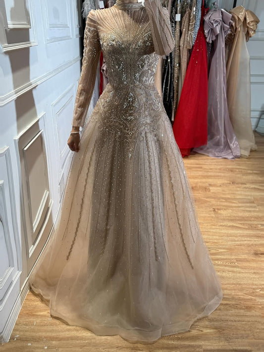 Modest Turquoise Crystal Beaded Evening Dress LA73752