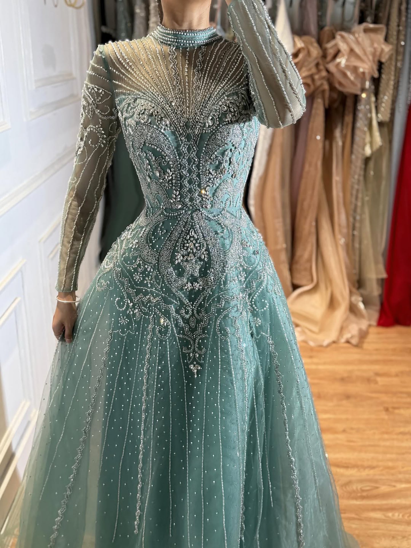 Modest Turquoise Crystal Beaded Evening Dress LA73752