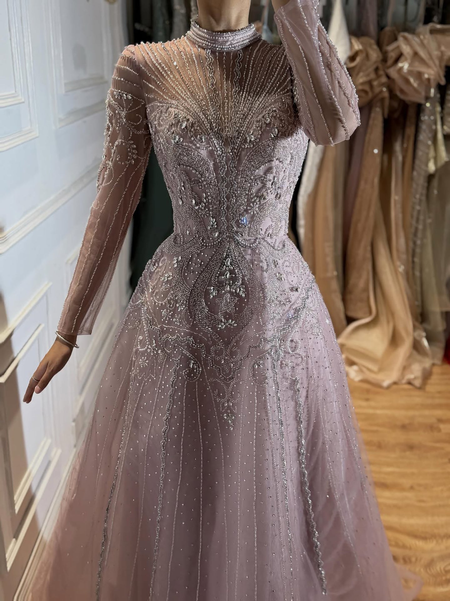 Modest Turquoise Crystal Beaded Evening Dress LA73752