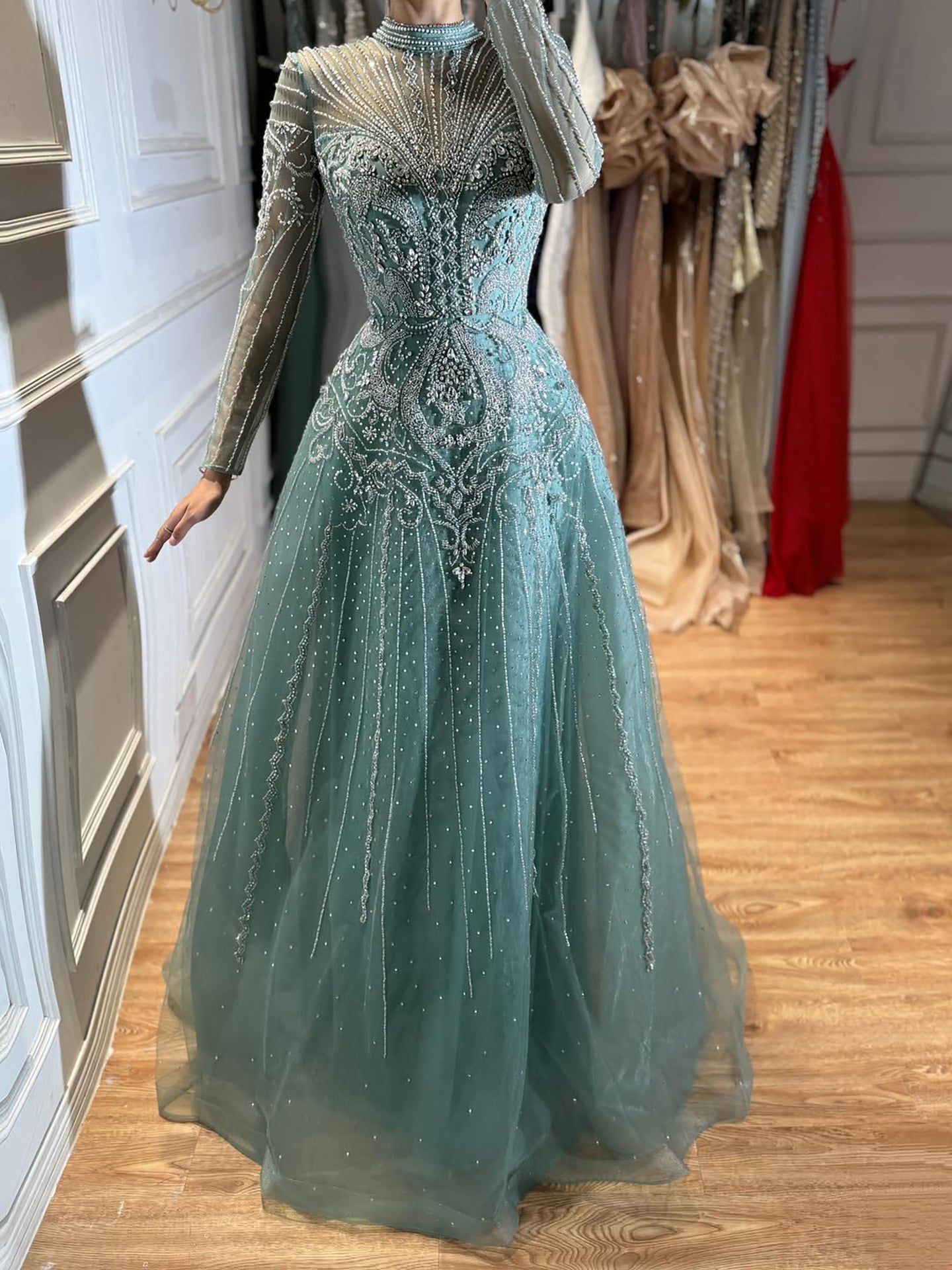 Modest Turquoise Crystal Beaded Evening Dress LA73752