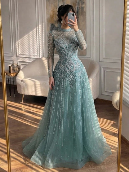 Modest Turquoise Crystal Beaded Evening Dress LA73752