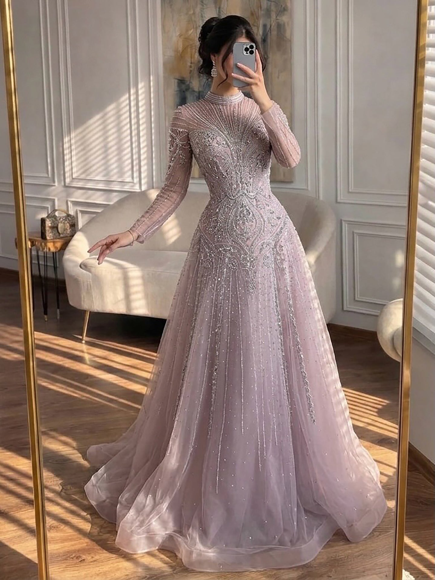 Modest Turquoise Crystal Beaded Evening Dress LA73752
