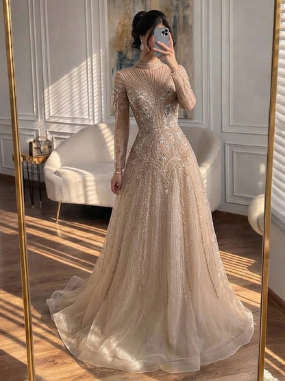 Modest Turquoise Crystal Beaded Evening Dress LA73752