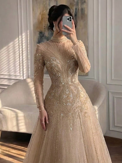 Modest Turquoise Crystal Beaded Evening Dress LA73752
