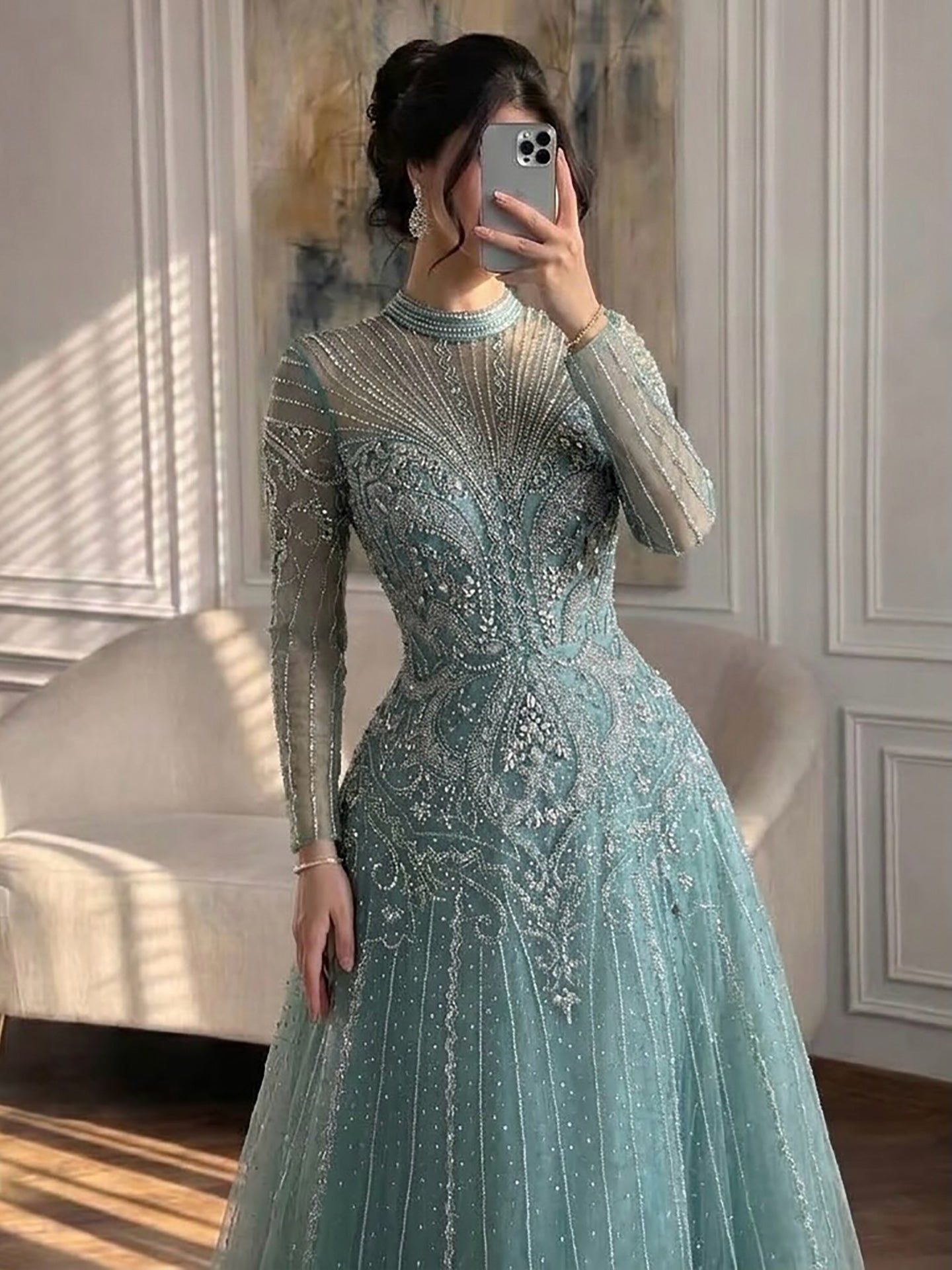 Modest Turquoise Crystal Beaded Evening Dress LA73752