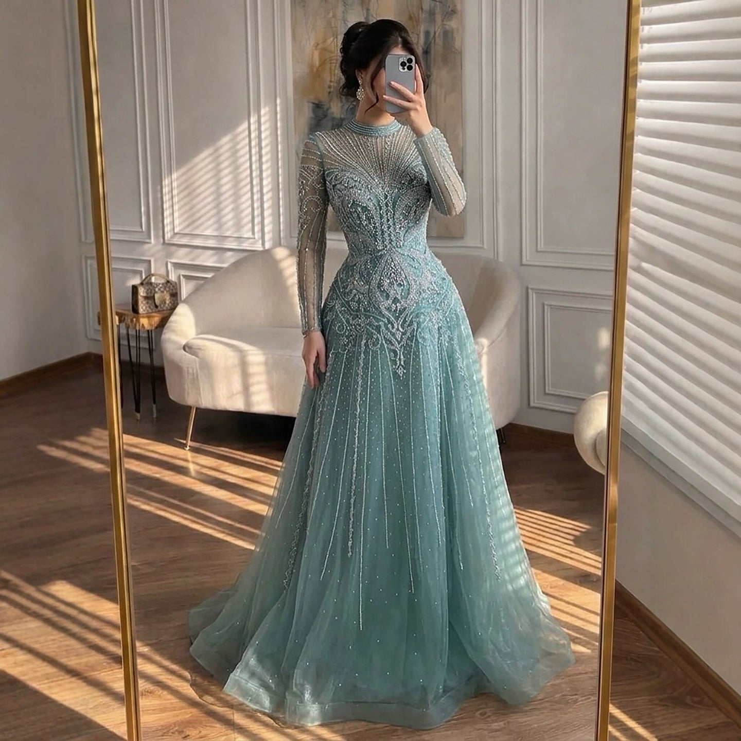 Modest Turquoise Crystal Beaded Evening Dress LA73752