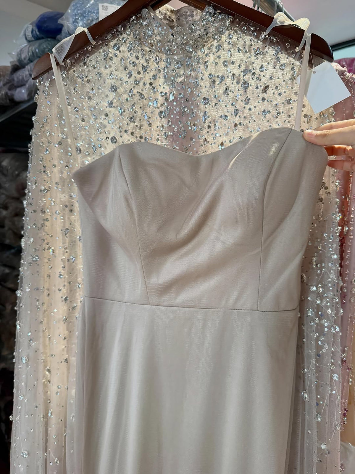 Luxury Caramel Crystal Beaded Cape Sleeves A Line Dress LA73755