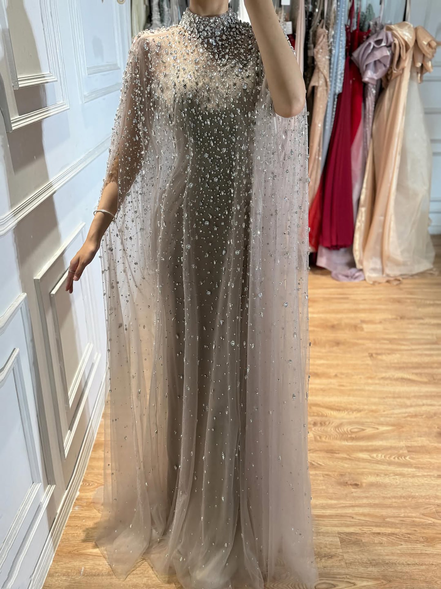 Luxury Caramel Crystal Beaded Cape Sleeves A Line Dress LA73755