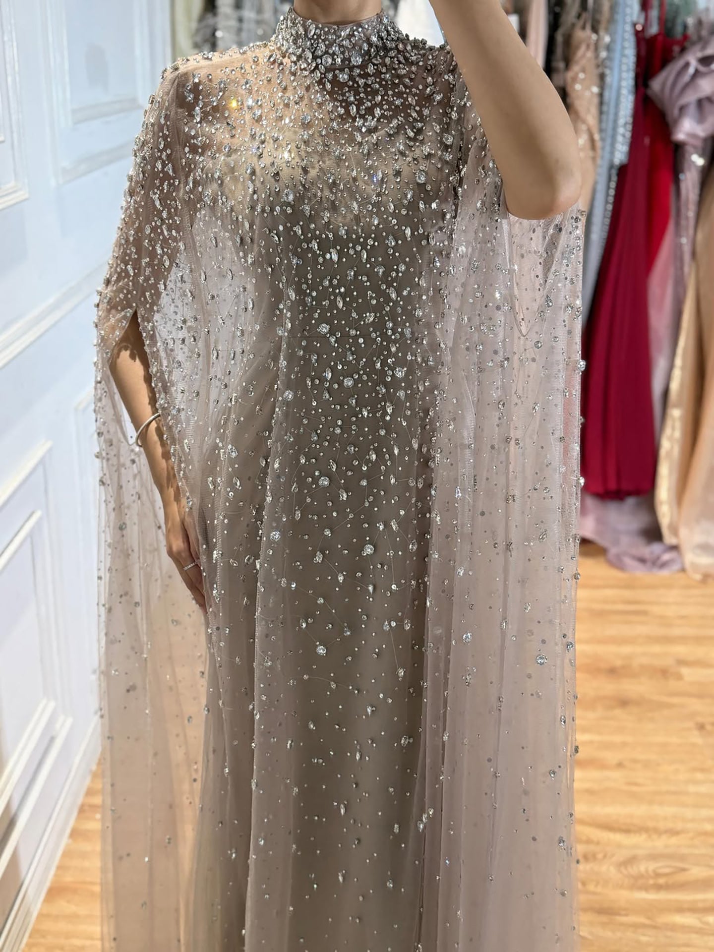 Luxury Caramel Crystal Beaded Cape Sleeves A Line Dress LA73755
