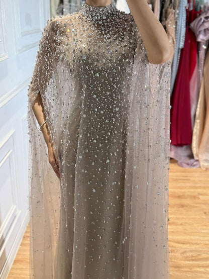 Luxury Caramel Crystal Beaded Cape Sleeves A Line Dress LA73755