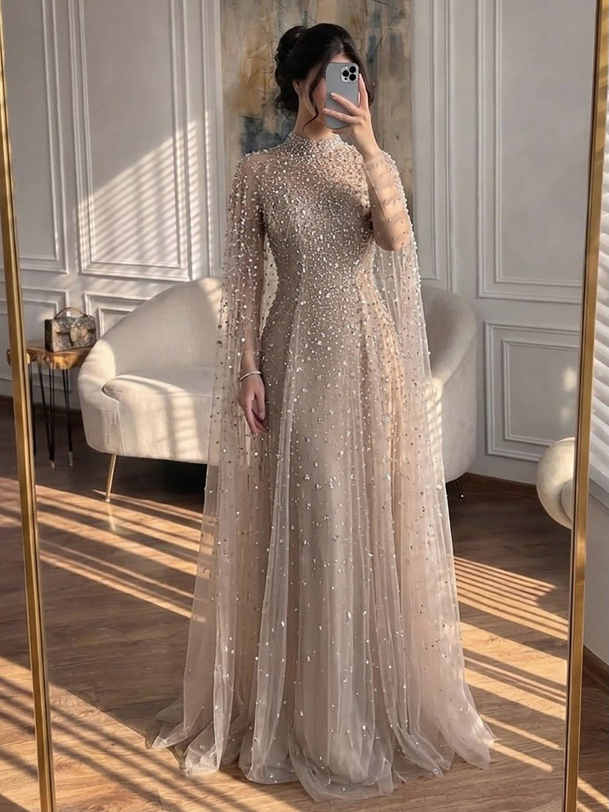 Luxury Caramel Crystal Beaded Cape Sleeves A Line Dress LA73755