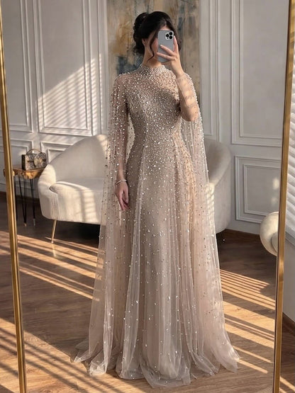 Luxury Caramel Crystal Beaded Cape Sleeves A Line Dress LA73755