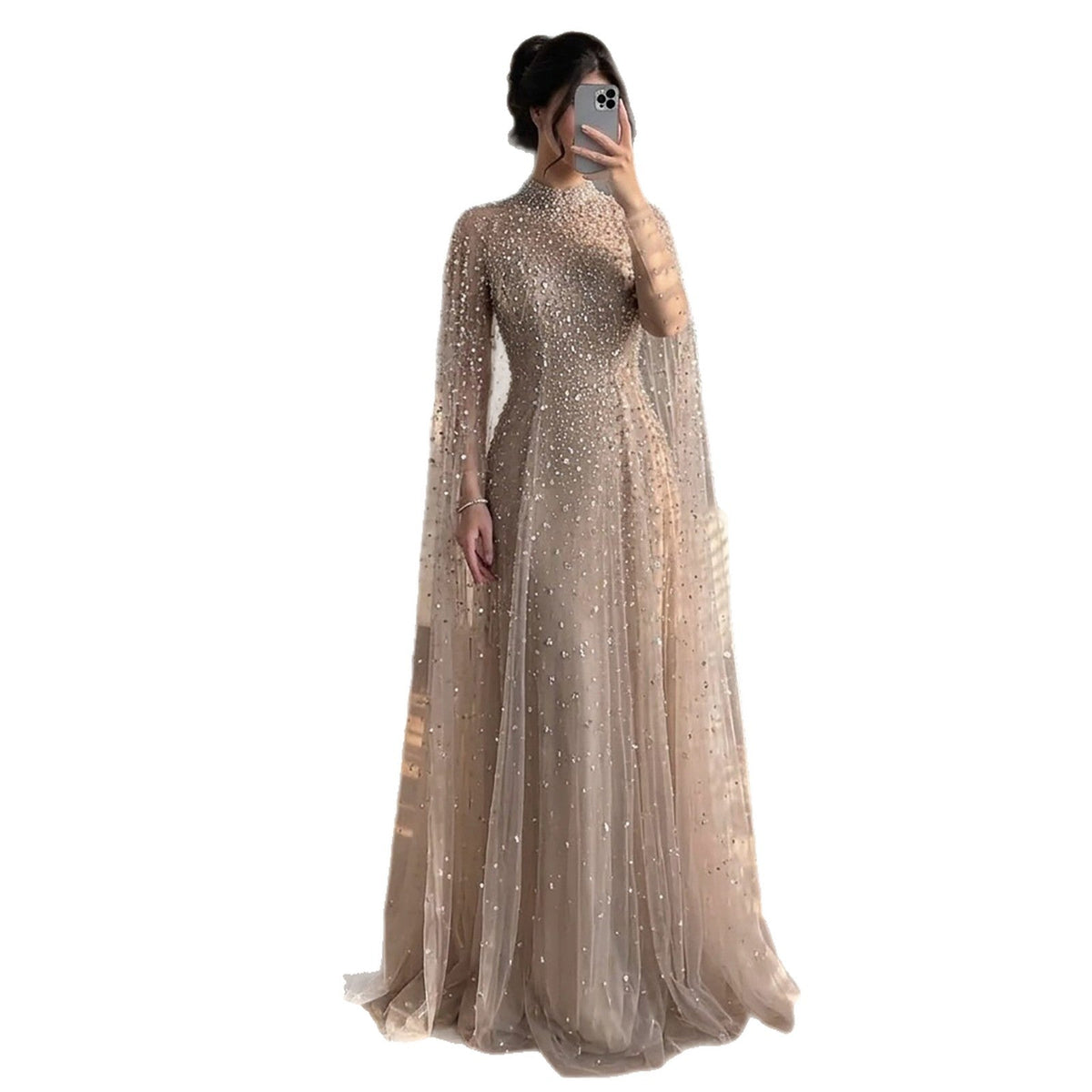 Luxury Caramel Crystal Beaded Cape Sleeves A Line Dress LA73755