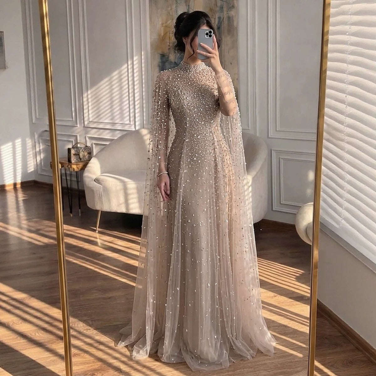 Luxury Caramel Crystal Beaded Cape Sleeves A Line Dress LA73755