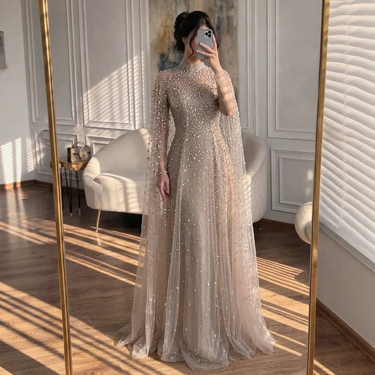 Luxury Caramel Crystal Beaded Cape Sleeves A Line Dress LA73755